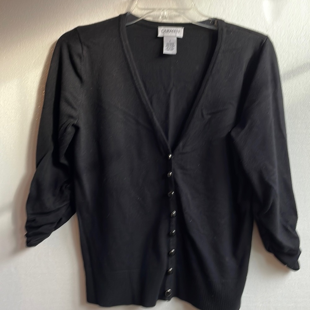 Carmen Marc lightweight elastic sleeve button front v-neck cardigan sweater lg